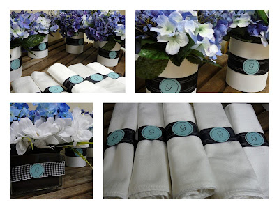  some floral containers with their monogram and matching napkin rings