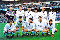 REAL MADRID C. F. - Madrid, España - Temporada 1992-93 - Buyo, Nando, Michel, Lasa, Prosinecki, Rocha; Butragueño, Milla, Zamorano, Sanchís y Martín Vázquez - REAL MADRID C. F. 1 (Iván Zamorano) REAL CLUB CELTA DE VIGO 0 - 13/12/1992 - Liga de 1ª División, jornada 14 - Madrid, estadio Santiago Bernabeu