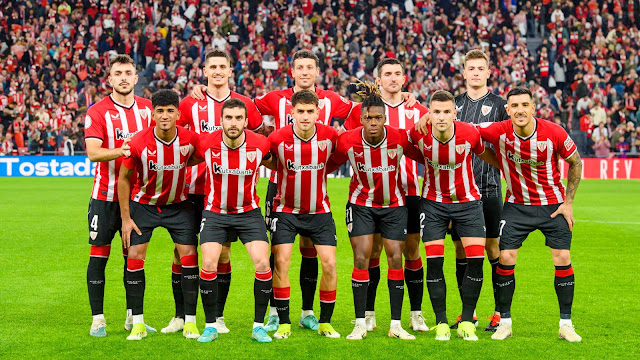 📸ATHLETIC CLUB 📆24 enero 2024 ⬆️Aitor Paredes, Oihan Sancet, Mikel Vesga, Dani Vivian, Agirrezabala. ⬇️Adu Ares, Íñigo Lekue, Beñat Prados, Nico Williams, Gorka Guruzeta, Yuri. ATHLETIC CLUB 4 🆚 F. C. BARCELONA 2 Miércoles 24/01/2024, 21:30 horas. Copa del Rey, cuartos de final, partido único. Bilbao, Vizcaya, estadio de San Mamés: 50.953 espectadores. GOLES: ⚽1-0: 1’, Gorka Guruzeta. ⚽1-1: 26’, Robert Lewandowski. ⚽1-2: 32’, Lamine Yamal. ⚽2-2: 49’, Oihan Sancet. ⚽3-2: 105+2’, Iñaki Williams. ⚽4-2: 120+1’, Nico Williams.