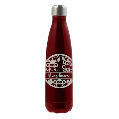 Personalisierte doppelwandige Iso-Trinkflasche aus Edelstahl mit Wunschgravur und niedlichen Affenmotiv für Kinder in verschiedenen Farben