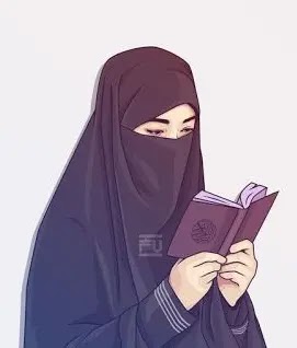 Gambar kartun Muslimah sedang membaca Al-Quran