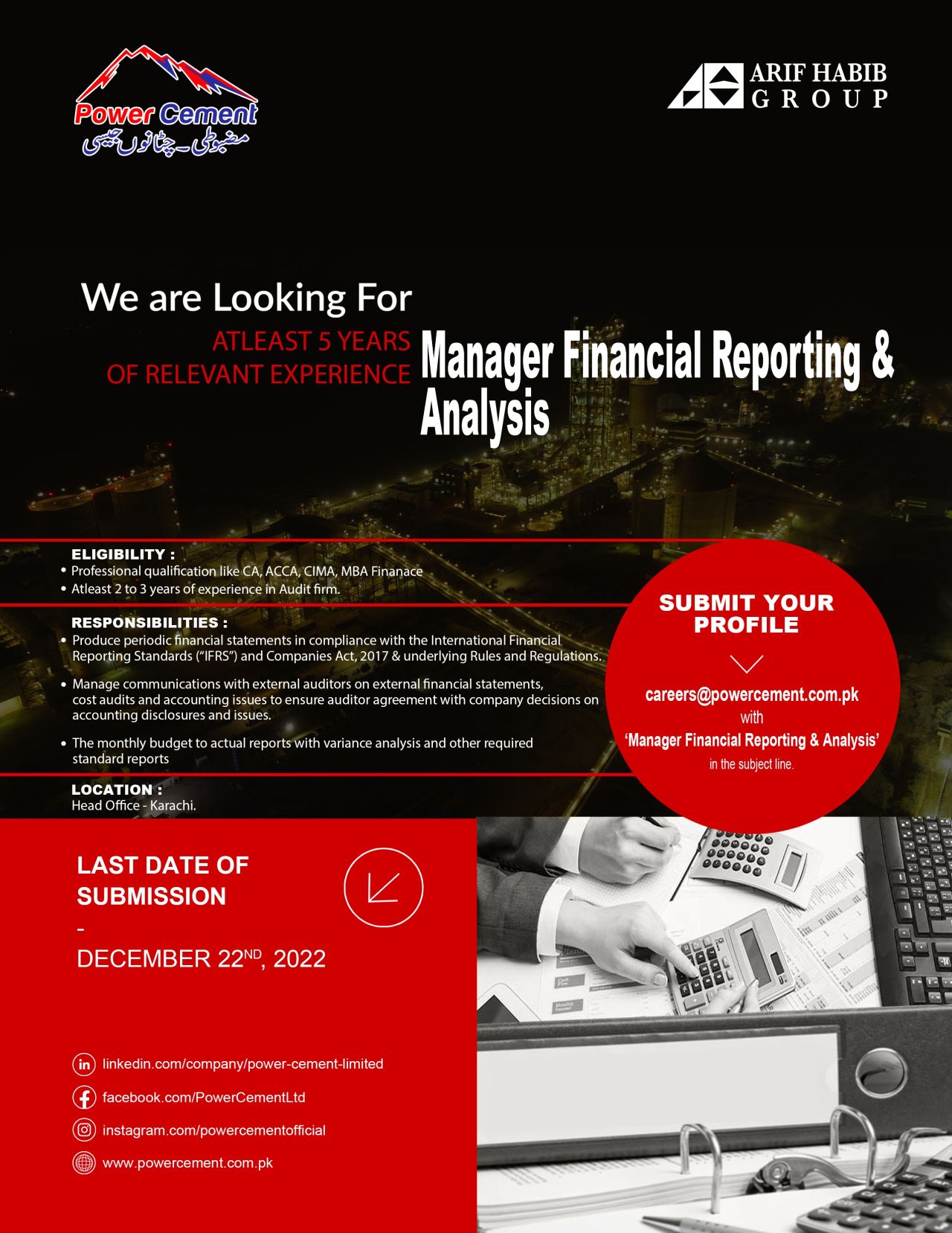 POWER CEMENT looking for a Manager - Financial Reporting and Analysis