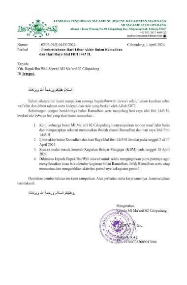 Pengumuman Kegiatan Belajar Mengajar (KBM) Dalam Ranka Libur Akhir Ramadhan dan Hari Raya Idul Fitri 1445H/2024M