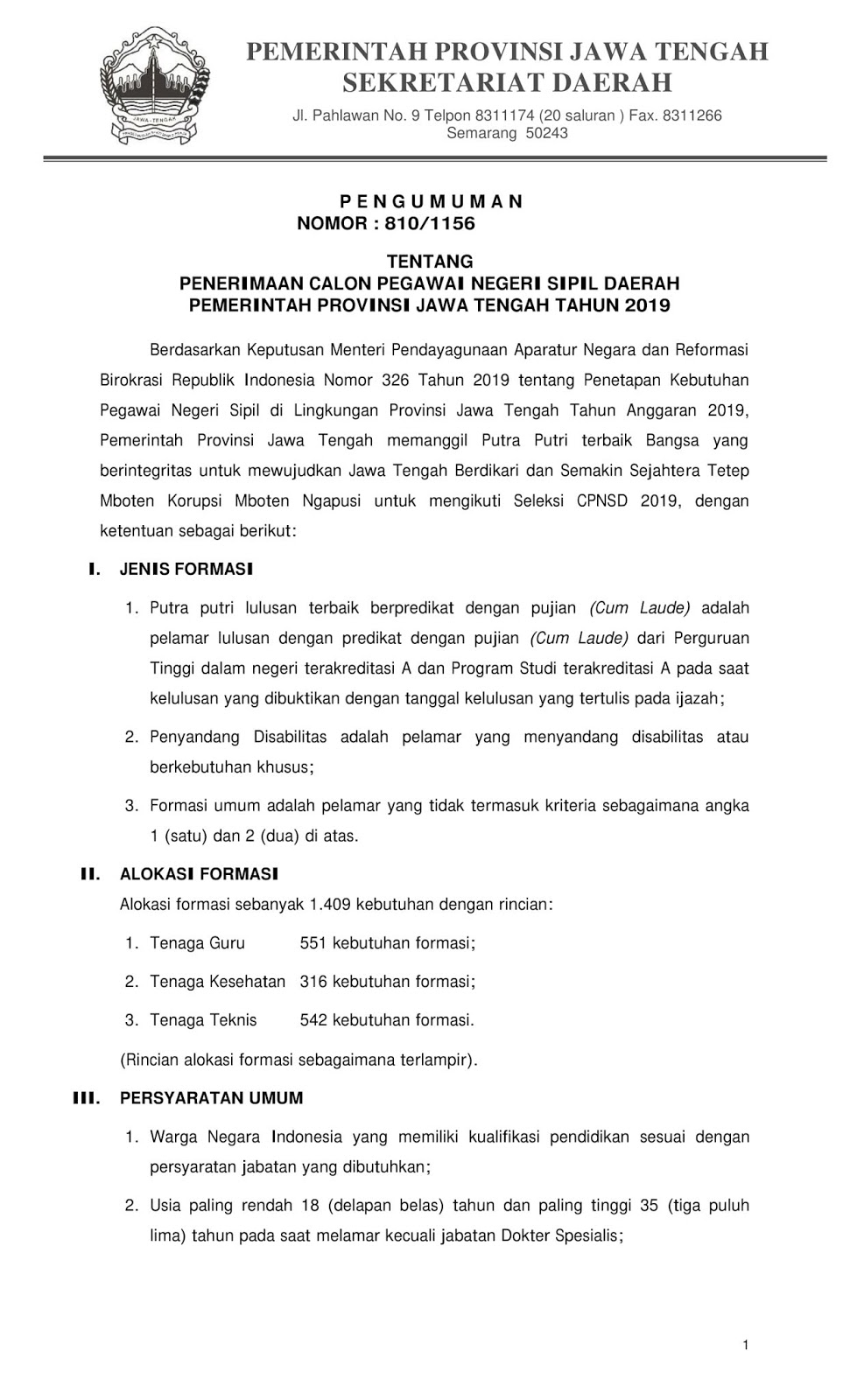 Lowongan Cpns Provinsi Jawa Tengah Tahun Anggaran 2019