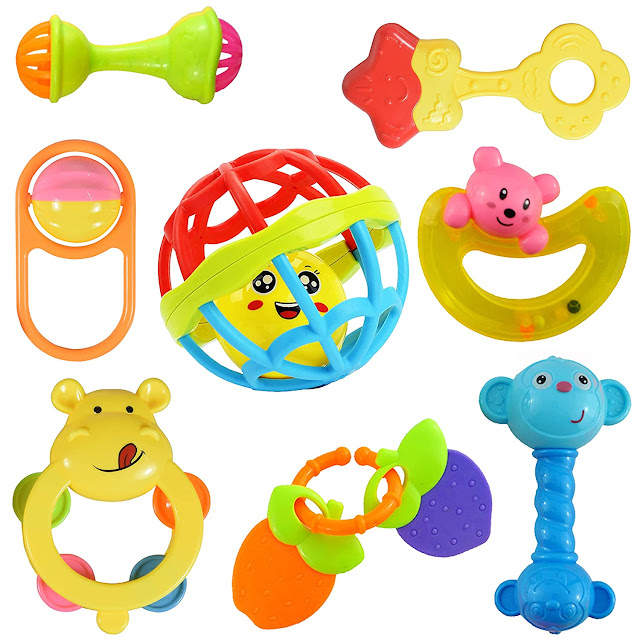 WISHKEY Colourful Plastic Non Toxic Set of 8 Teether and Rattle for New Borns and Infants