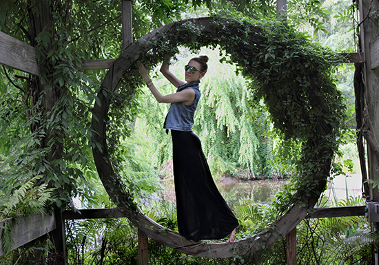 “Lost In The Woods” Outfit Post on “The Wind of Inspiration” Blog #outfit #look #style #fashion #personalstyle #fashionblog #fashionblogger (Warehouse maxi dress, Levi’s denim trucker Vest, Olive & Winnie Necklace, Forever 21 rosary necklace, Oxen Revolution mirrored aviators, Kenneth Cole New York watch, Asos bracelets, Sinful Colors Professional 975 Coffee)