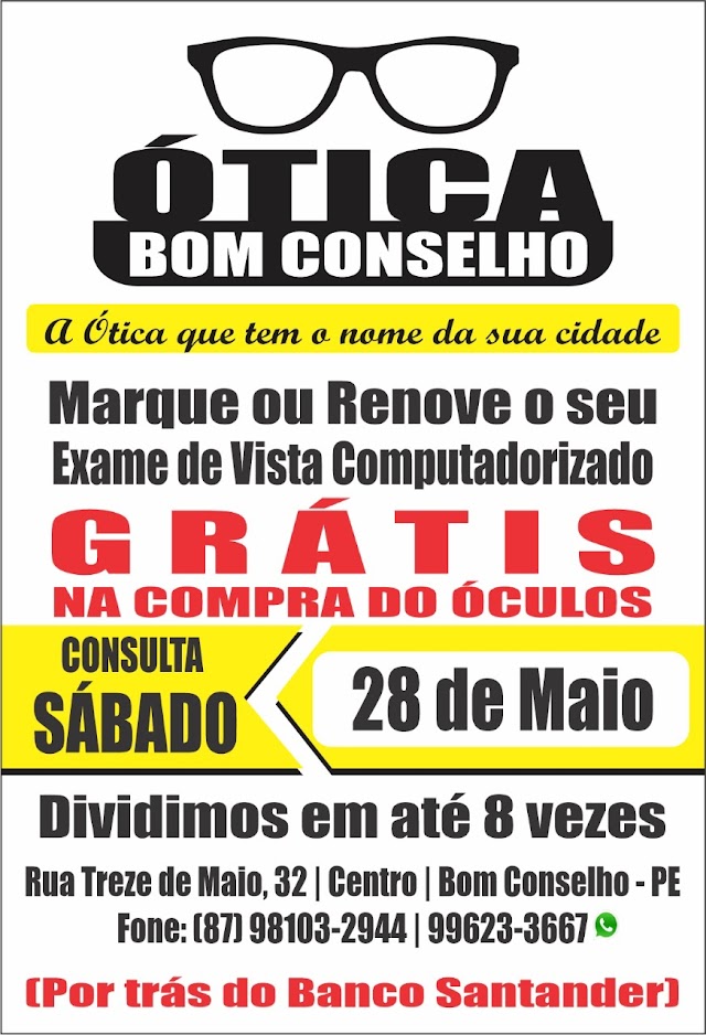 Consulta de vista grátis na Ótica Bom Conselho setá dia 28 de maio