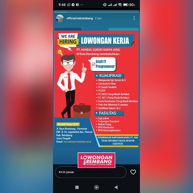 Lowongan Kerja Pegawai Staf IT Programmer PT Handal Sukses Karya Rembang