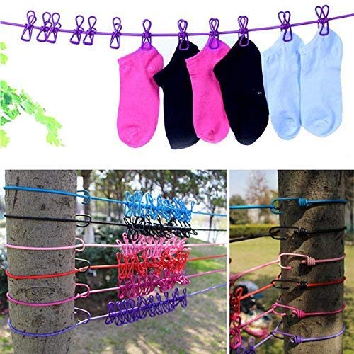 Multi Functional Portable Drying Rope with 12 Clips and 2 Hooks, Travel  Clothesline Rope Clothes Hanging Hook , Adjustable Clothes with 12pcs  Clothespins Portable Clothesline, Outdoor Indoor Wind-Proof Clothesline (  Multicolour )