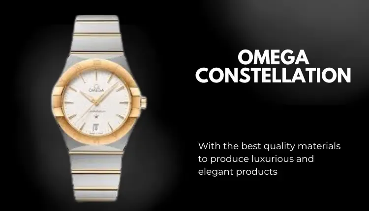 A picture of an Omega watch with a black background that says Omega Constellation