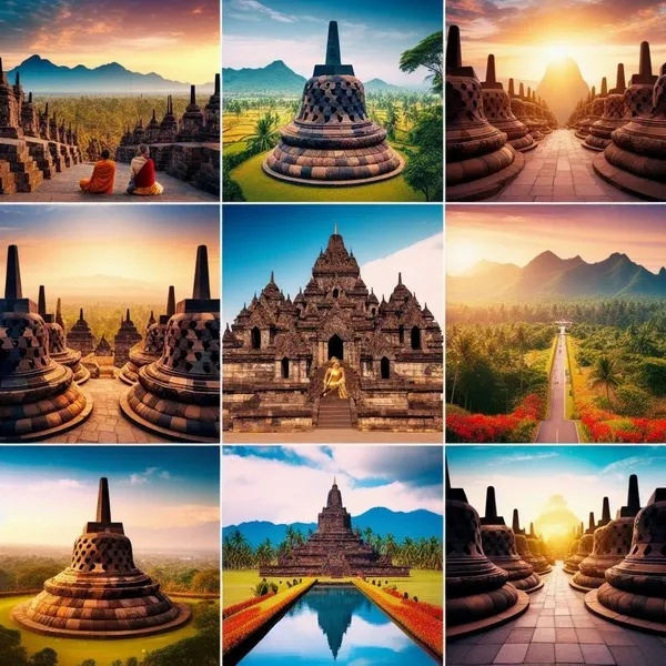 Sebuah kolase dari sepuluh foto yang menampilkan destinasi wisata sekitar Borobudur, yaitu Candi Borobudur, Candi Mendut dan Candi Pawon, Bukit Rhema Gereja Ayam, Punthuk Setumbu, Taman Lumbini, Candi Ngawen, Desa Wisata Candirejo, Kebun Buah Mangunan, Candi Prambanan, Goa Pindul, dan Pantai Parangtritis.