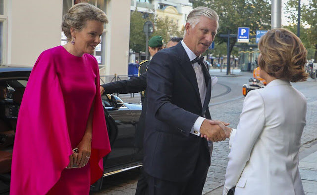 Natan Spring Summer 2020 collection. Queen Mathilde wore a fuchsia gown by Natan. Dior gold leather sandals