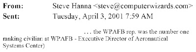 Fig. 5.1 – Internal Apr. 3, 2001 Leader email (composite graphic) written by engineer Steve Hanna confirming attendance by a WPAFB participant at a University of Dayton presentation on Apr. 2, 2001. This evidence was actually submitted by Facebook as DTX-1348, Trial Doc. No. 675-25.