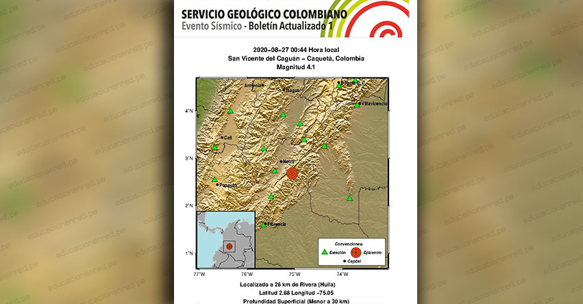 Temblor en Colombia de Magnitud 4.0 (Hoy Jueves 27 Agosto 2020) Terremoto - Sismo - Epicentro - San Vicente del Caguán - Caquetá - En Vivo Twitter - Facebook - www.sgc.gov.co