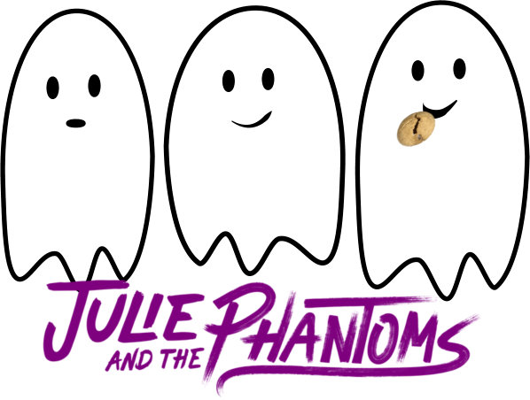 Three ghosts hover over bold purple lettering that says: Julie and the Phantoms. One ghost is eating a cookie.