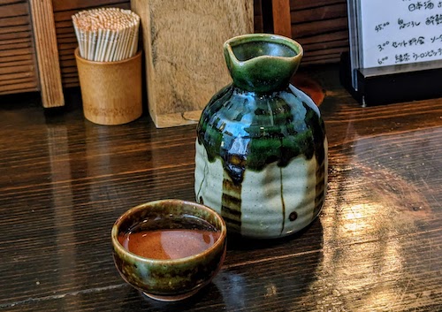 Sake in ceramic tokkuri (flask) and o-choko (cup)