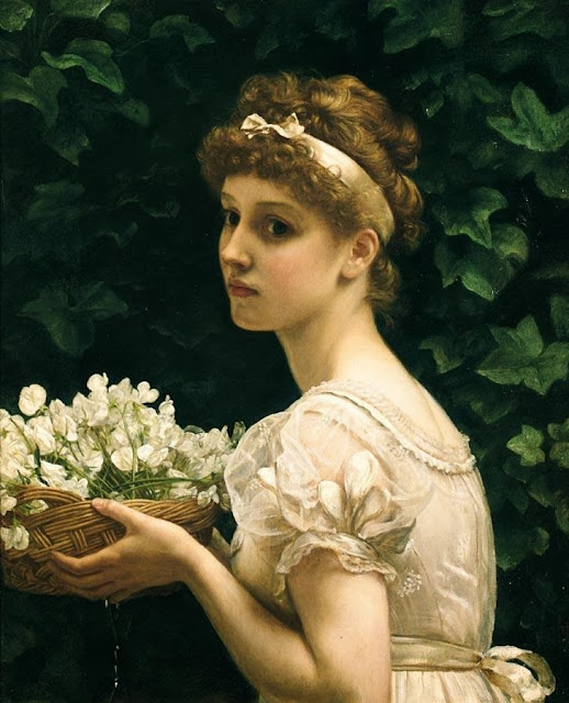 Pea blossoms,girl with flowers,white dress