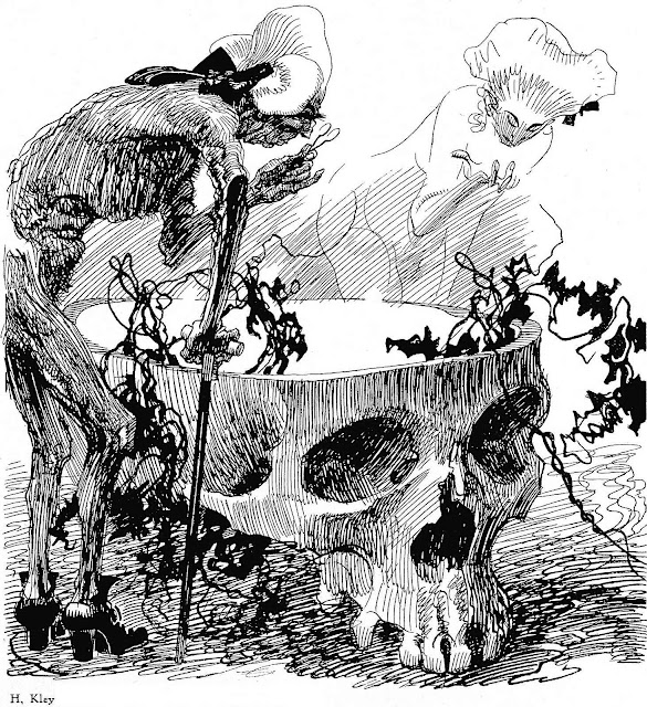 a Heinrich Kley drawing 1919, skull as magic cauldren