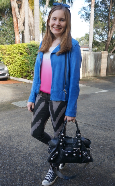 pink ombre tank, cobalt blue leather jacket, printed Sass & Bide skinny jeans, converse | AwayFromBlue
