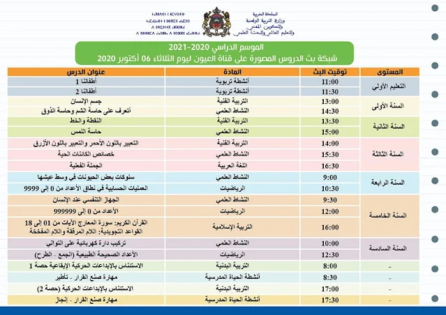 شبكة بث الدروس المصورة على قنوات الثقافية والأمازيغية والعيون ليوم الثلاثاء 06 اكتوبر 2020