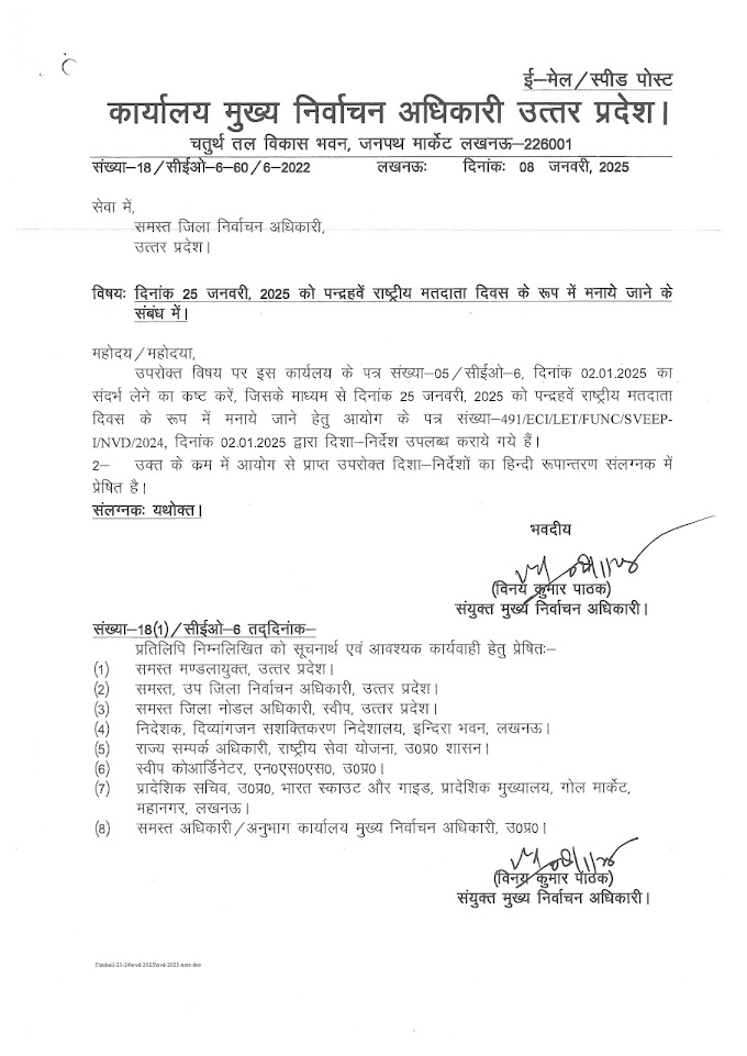 दिनांक 25 जनवरी, 2025 को पन्द्रहवें राष्ट्रीय मतदाता दिवस के रूप में मनाये जाने के संबंध में।