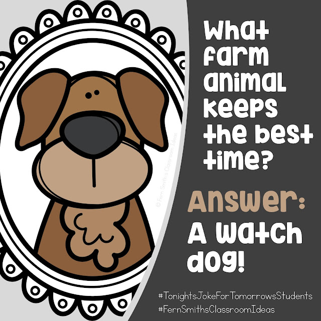 What farm animal keeps the best time? Answer: A watch dog! Follow my Pinterest Board - Jokes for Kids for more jokes for your students! #FernSmithsClassroomIdeas #TonightsJokeforTomorrowsStudents