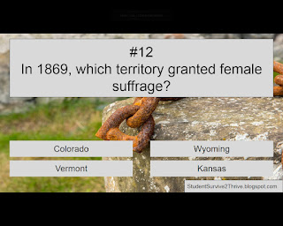 In 1869, which territory granted female suffrage? Answer choices include: Colorado, Wyoming, Vermont, Kansas