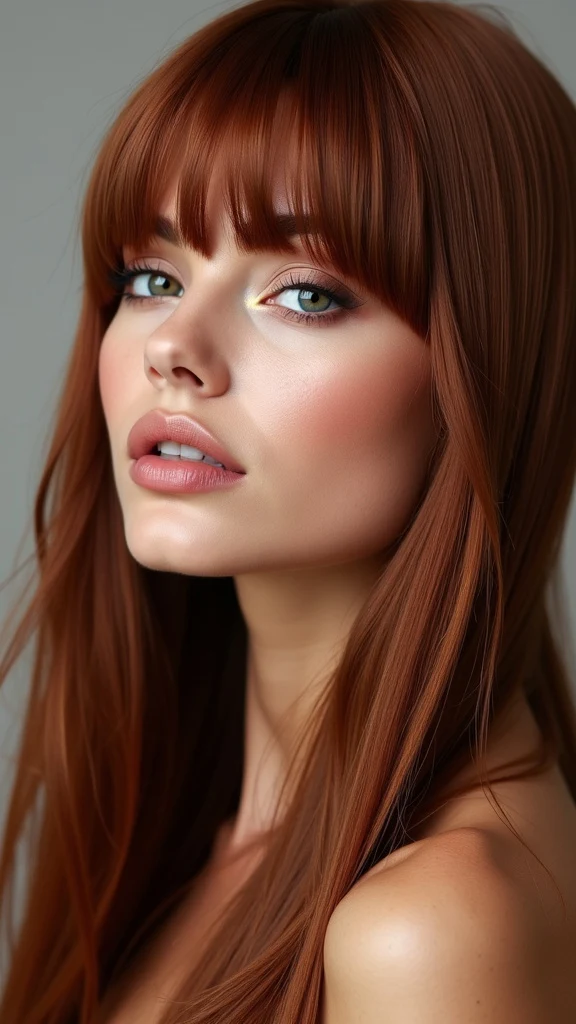 Woman with long, straight hair featuring soft curtain bangs in a deep auburn color, elegantly framing her face.