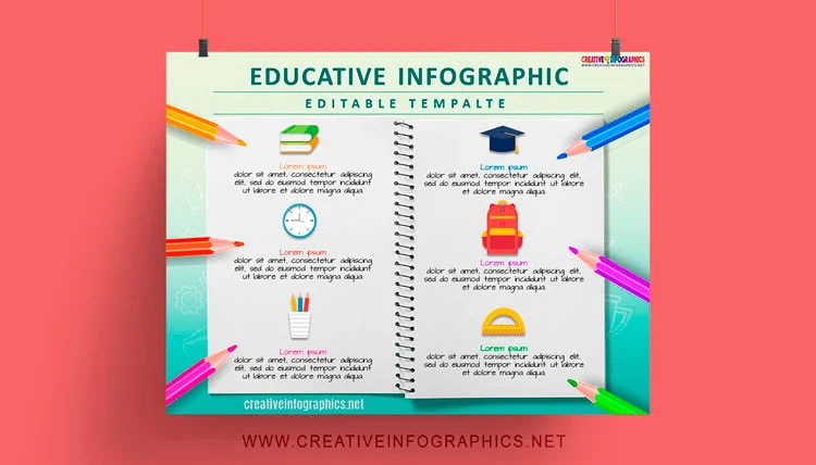 Teaching infographic template with an open notebook background