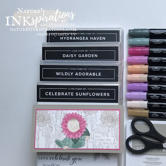 By Angie McKenzie for Casually Crafting Design Team Blog Hop; Click READ or VISIT to go to my blog for details! Featuring the Daisy Garden Cling Stamp Set, the Wildly Adorable Cling Stamp Set, the Celebrate Sunflowers Cling Stamp Set, the Hydrangea Haven Photopolymer Stamp Set and the new 2021-23 In Colors by Stampin' Up!® to create some mini slim occasion cards and envelopes; #stampinup #cardtechniques #cardmaking #daisygardenstampset #wildlyadorablestampset #celebratesunflowersstampset #hydrangeahavenstampset #annegeddesinspired  #sunflowerlittleone #stampingtechniques #stampinupcolorcoordination #casuallycraftingdesignteambloghop #naturesinkspirations #hingestamping #coloringwithblends #fussycutting  #diycards #handmadecards