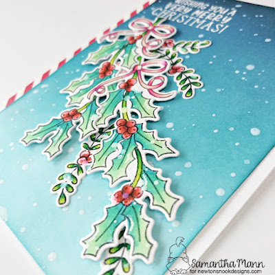 Wishing You a Very Merry Christmas Card by Samantha Mann for Newton's Nook Designs, Holly, Mistletoe, Card Making, Distress Inks, Ink Blending, Die cutting, Christmas, handmade cards, #newtonsnook #newtonsnookdesigns #distressinks #inkblending #cardmaking #handmadecards #christmas #holly