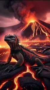 An iguana sits on a rock at the foot of an active volcano. The lizard calmly looks at the lava flowing down the mountainside. Her skin has a green color that contrasts with the black ash and red lava. The volcano spews smoke and steam into the sky