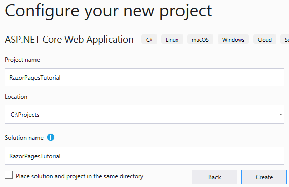 create a razor pages web app with asp.net core