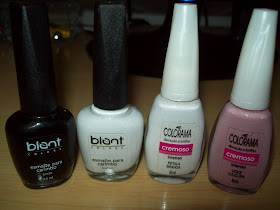 Pétala Branca cremoso da Colorama; Doce Loucura cremoso da Colorama; Esmalte para carimbo preto da Blant;Esmalte para carimbo branco da Blant