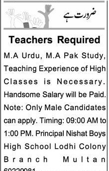 Teaching Jobs in Nishat Boys High School | Pak jobs