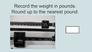 Record the weight in pounds. Round up to the nearest pound. Arrows are at 100 and 49.