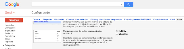 Pestaña Labs de la configuración de Gmail. La opción Combinación de teclas personalizadas se puede habilitar o inhabilitar. 