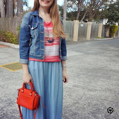awayfromtheblue instagram double denim spring outfit chambray skirt jacket stripe tank and red Avery bag