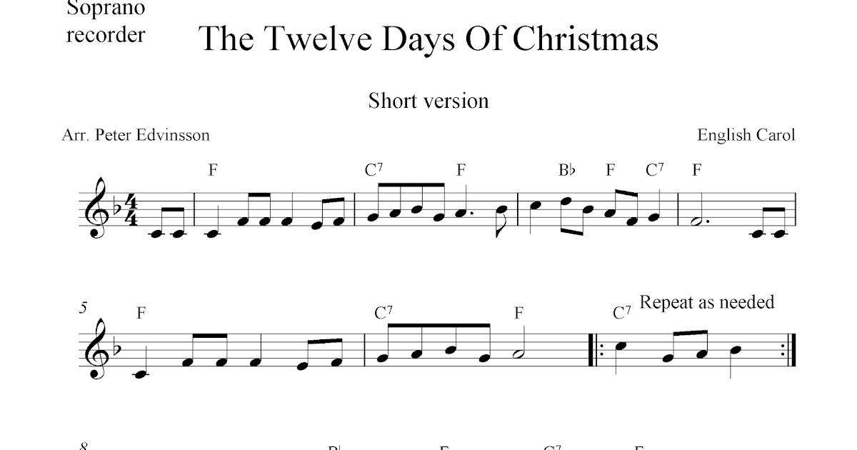 The Twelve Days Of Christmas, free soprano recorder sheet music notes