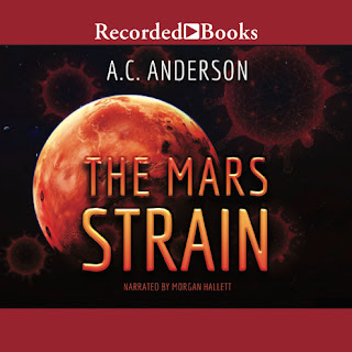 audiobook cover for The Mars Strain with Recorded Books red bands at top and bottom and an image of the Red Planet behind the title