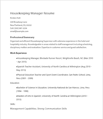 Housekeeping Manager Resume