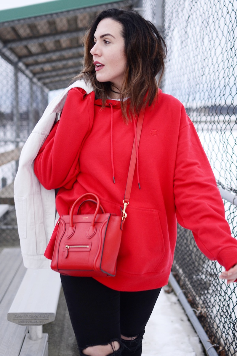 Oversized hoodie sweatshirt outfit idea red Champion hoodie Celine Nano bag vancouver fashion blogger
