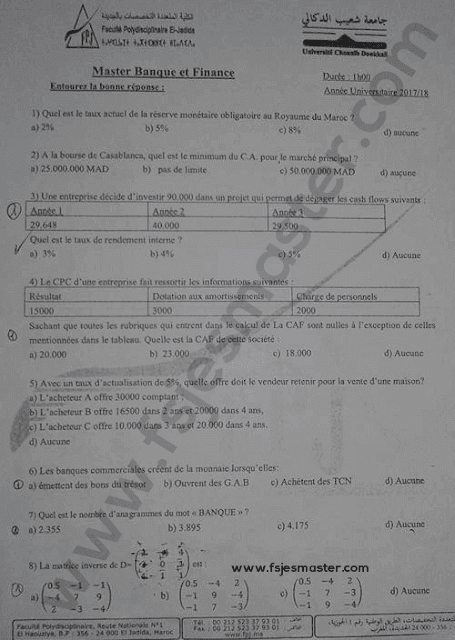 Exemple Concours Master Banque et Finance 2017-2018 Fp-El Jadida