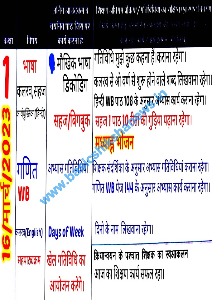 दिनांक 16 मार्च, 2023 कक्षा- 01, 02, 03, 04, 05 की भरी हुई शिक्षक डायरी देखने के लिए यहां क्लिक करें।