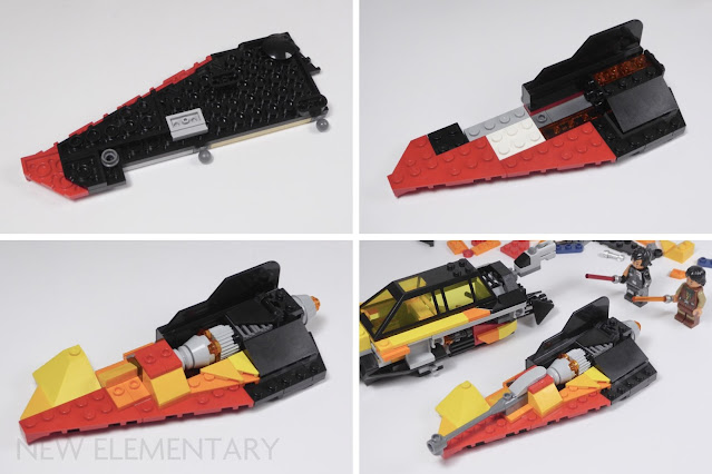 4 stages of constructing a wing of set 75414 The Force Burner Snowspeeder