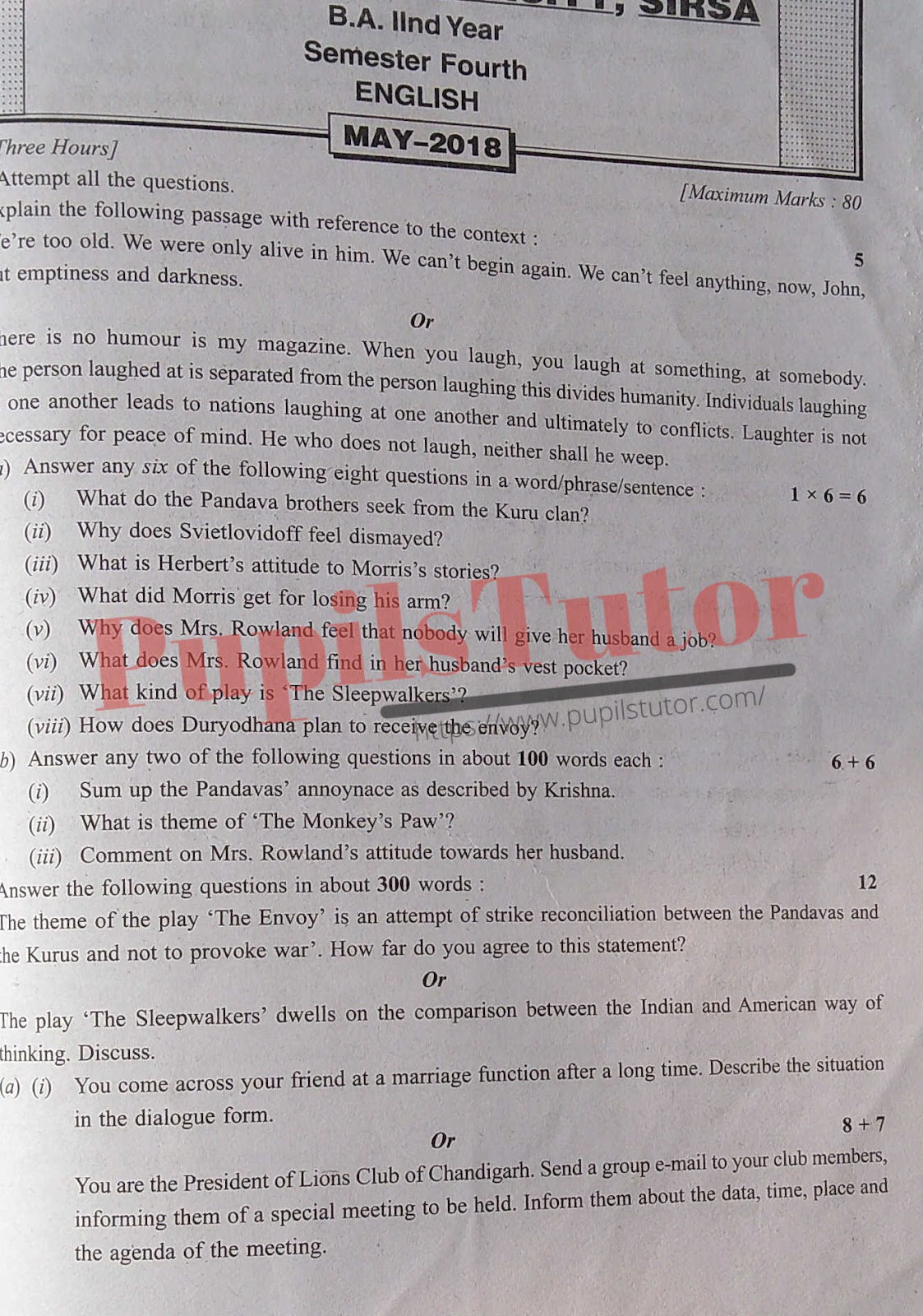 CDLU (Chaudhary Devi Lal University, Sirsa Haryana) BA Semester Exam Fourth Semester Previous Year English Question Paper For May, 2018 Exam (Question Paper Page 1) - pupilstutor.com