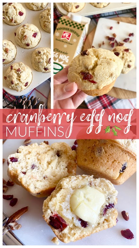 A collage of cranberry egg nog muffins on a white plate with butter.