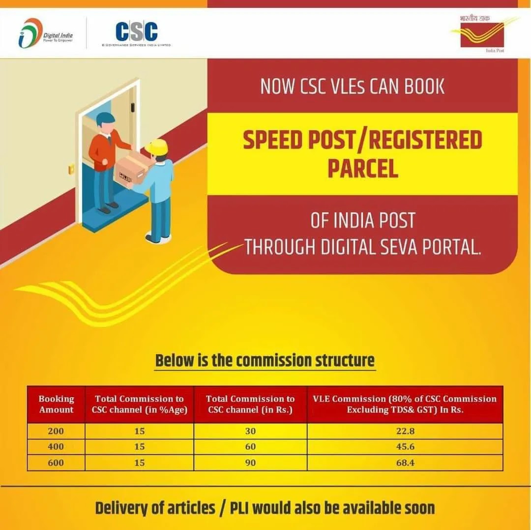 CSC VLE Commission Structure | for Booking of Speed Post & Parcels of India Post | CSC VLE Incentive 2022