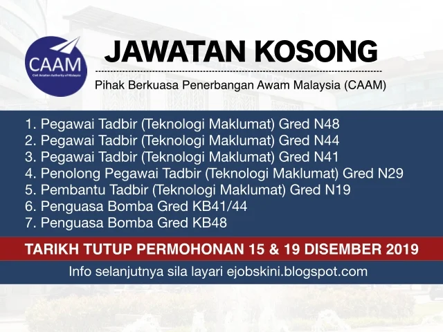 Jawatan Kosong Pihak Berkuasa Penerbangan Awam Malaysia (CAAM) Disember 2019