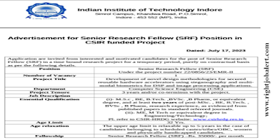 Senior Research Fellow BE BTech ME MTech Engineering Job Opportunities in Indian Institute of Technology, Indore